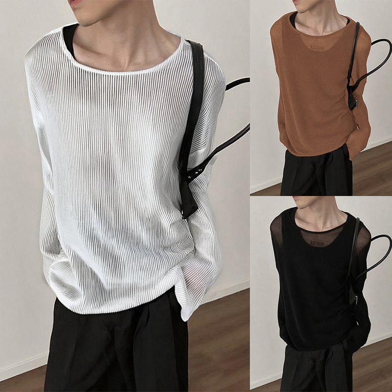 Damen nan locker fallendes Langarm-Feinstrickshirt mit feinem Rippenmuster und Rundhalsausschnitt R&B