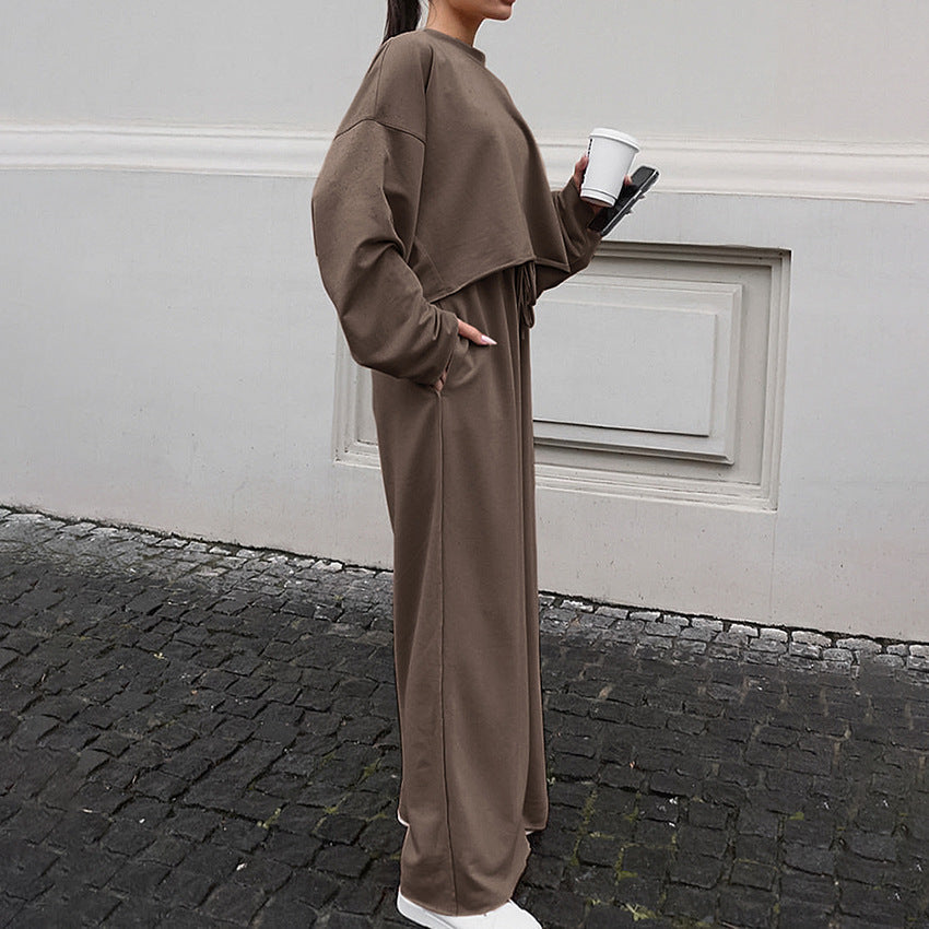 Damen Bequemes Cropped Sweatshirt und Weite Hose Set R&B