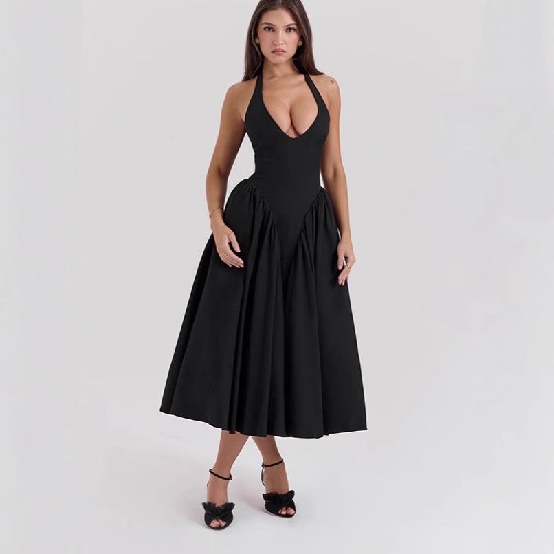 Damen nan figurschmeichelndes Neckholder-Bustier-Midikleid mit taillierter Miederform und weitem Tellerrock R&B