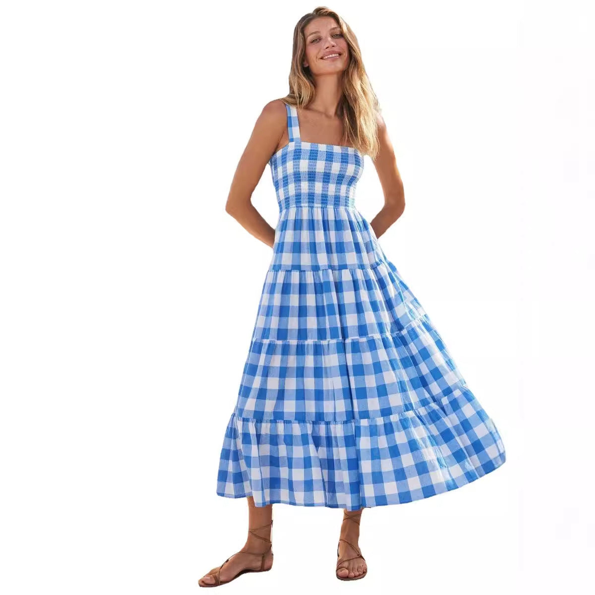 Damen Maxikleid mit kariertem Design und eleganter, fließender Schnittführung R&B