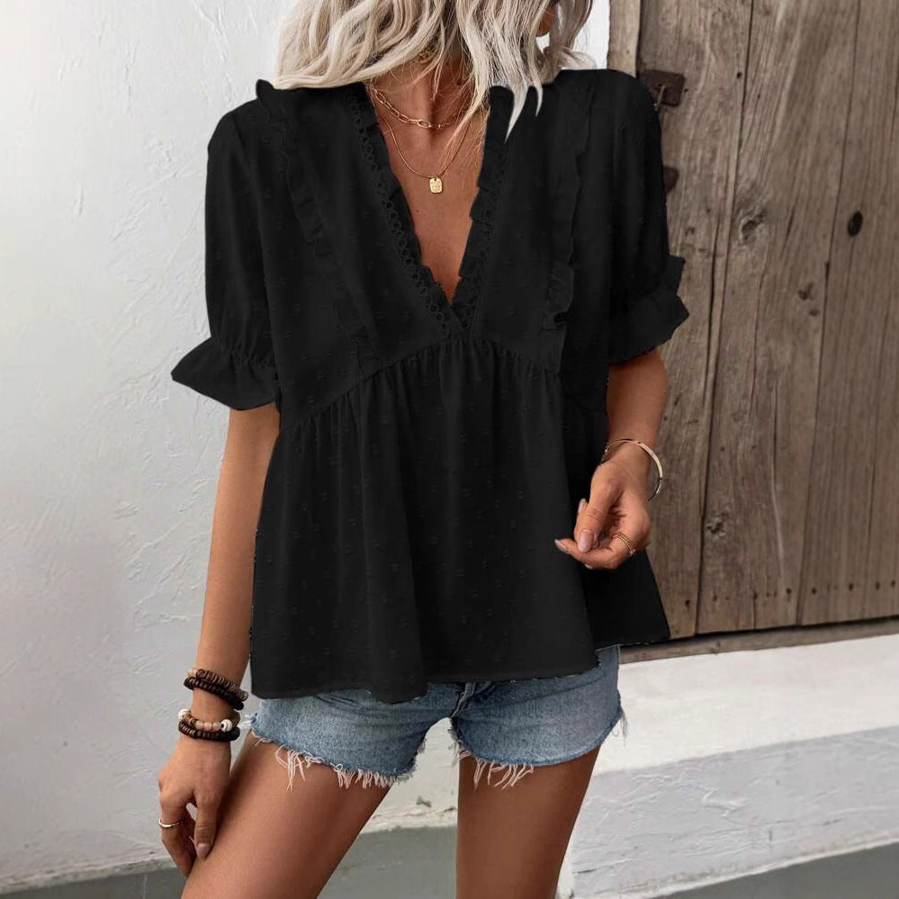 Damen luftige Bluse mit voluminösem Rüschensaum und lockerer Passform R&B
