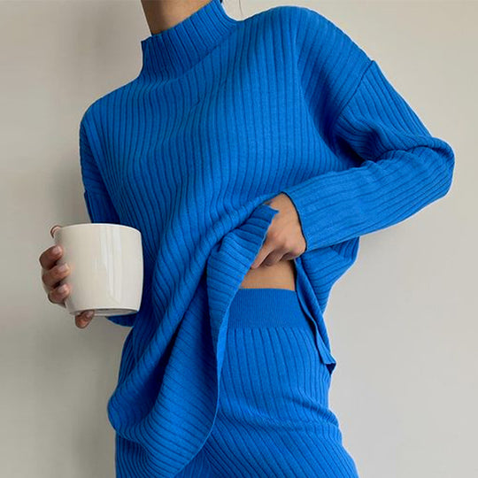Damen Langarm Strickpullover mit Stehkragen und Rippenstruktur R&B