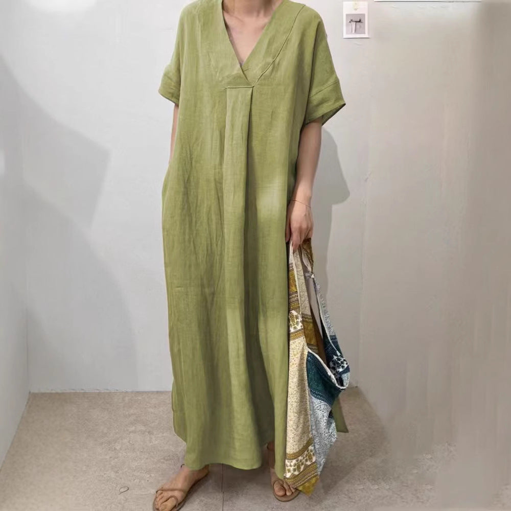 Damen Langes Leinenkleid mit V-Ausschnitt und lässigem Schnitt R&B
