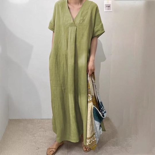 Damen Langes Leinenkleid mit V-Ausschnitt und lässigem Schnitt R&B