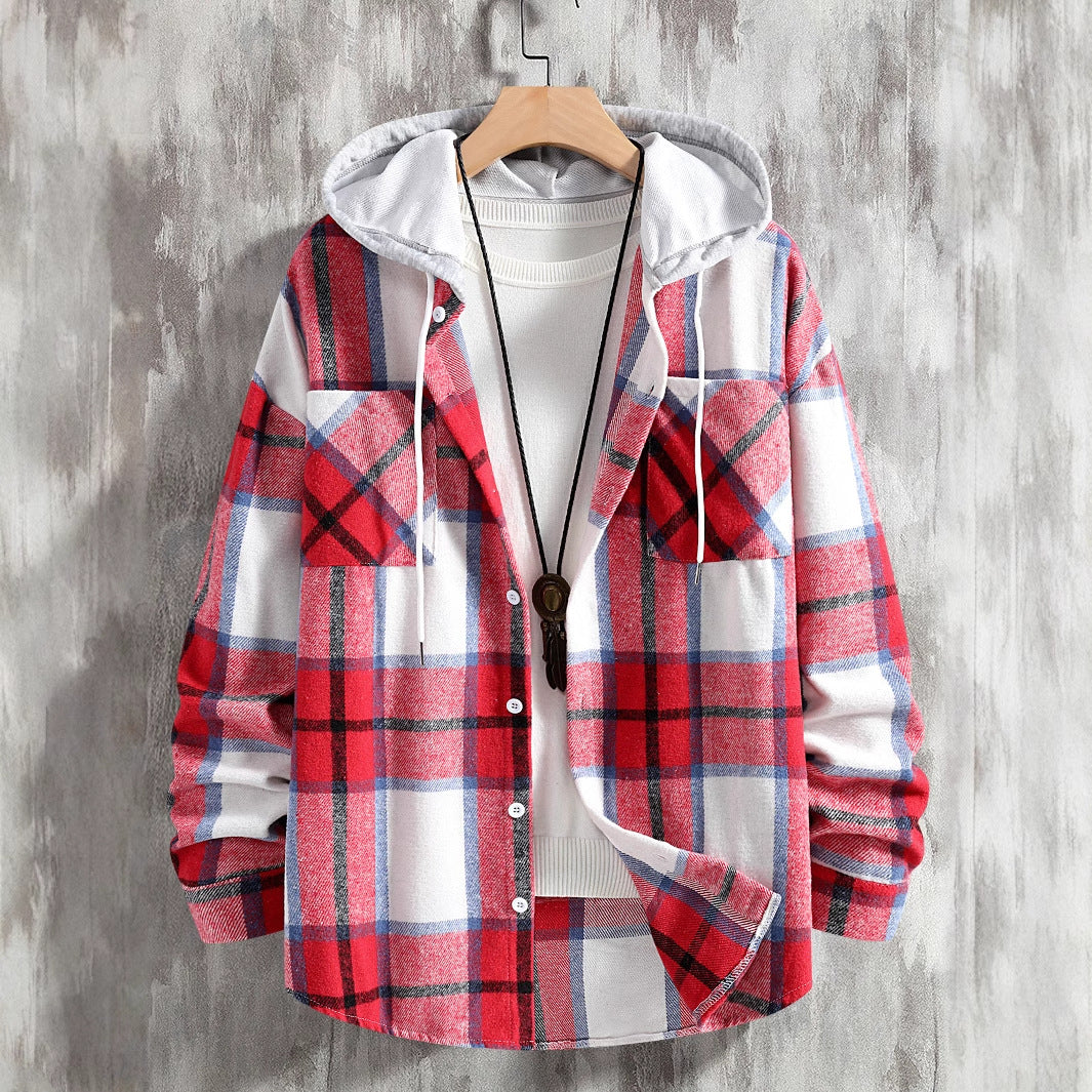 Herren Karierte Flanelljacke mit Hoodie und praktischen Taschen R&B