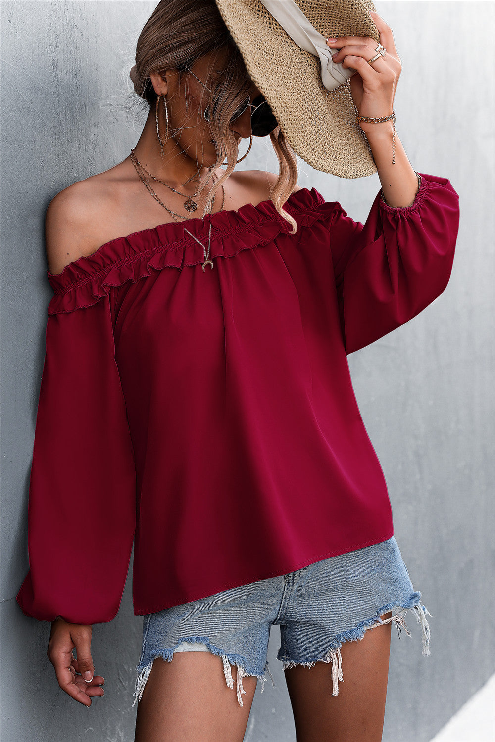 Damen Bluse mit off-shoulder Design und Rüschendetail R&B