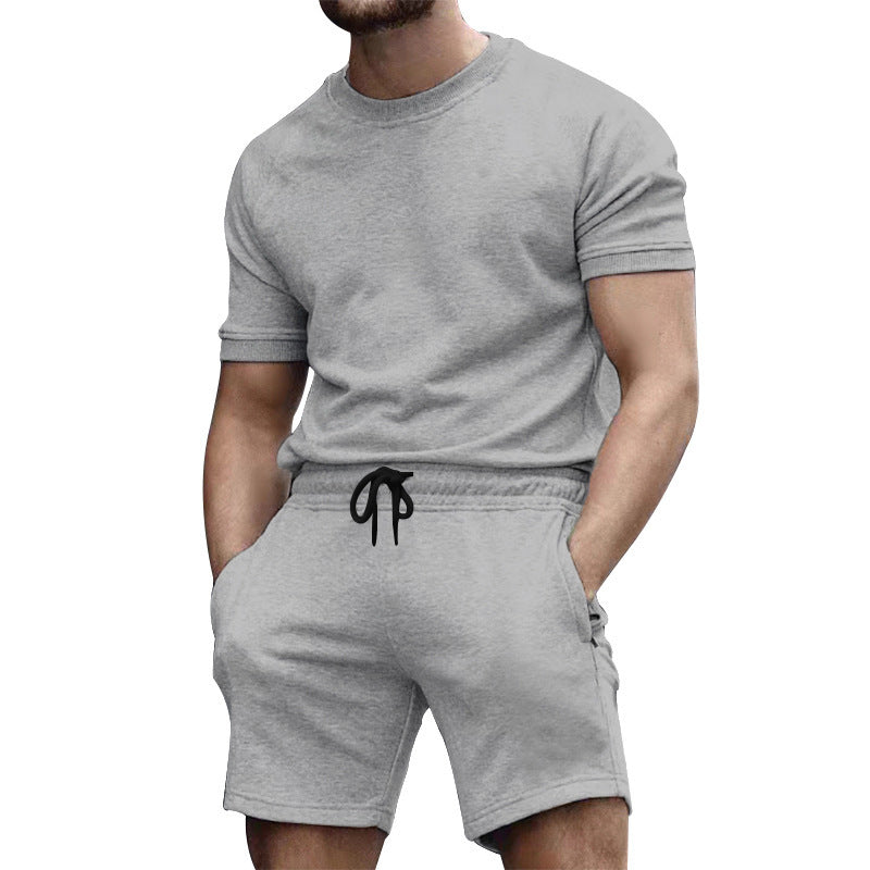Herren nan kurzärmeliges Sweat-Set aus weichem Sweatstoff mit Rundhalsshirt und Kordelzug-Shorts R&B