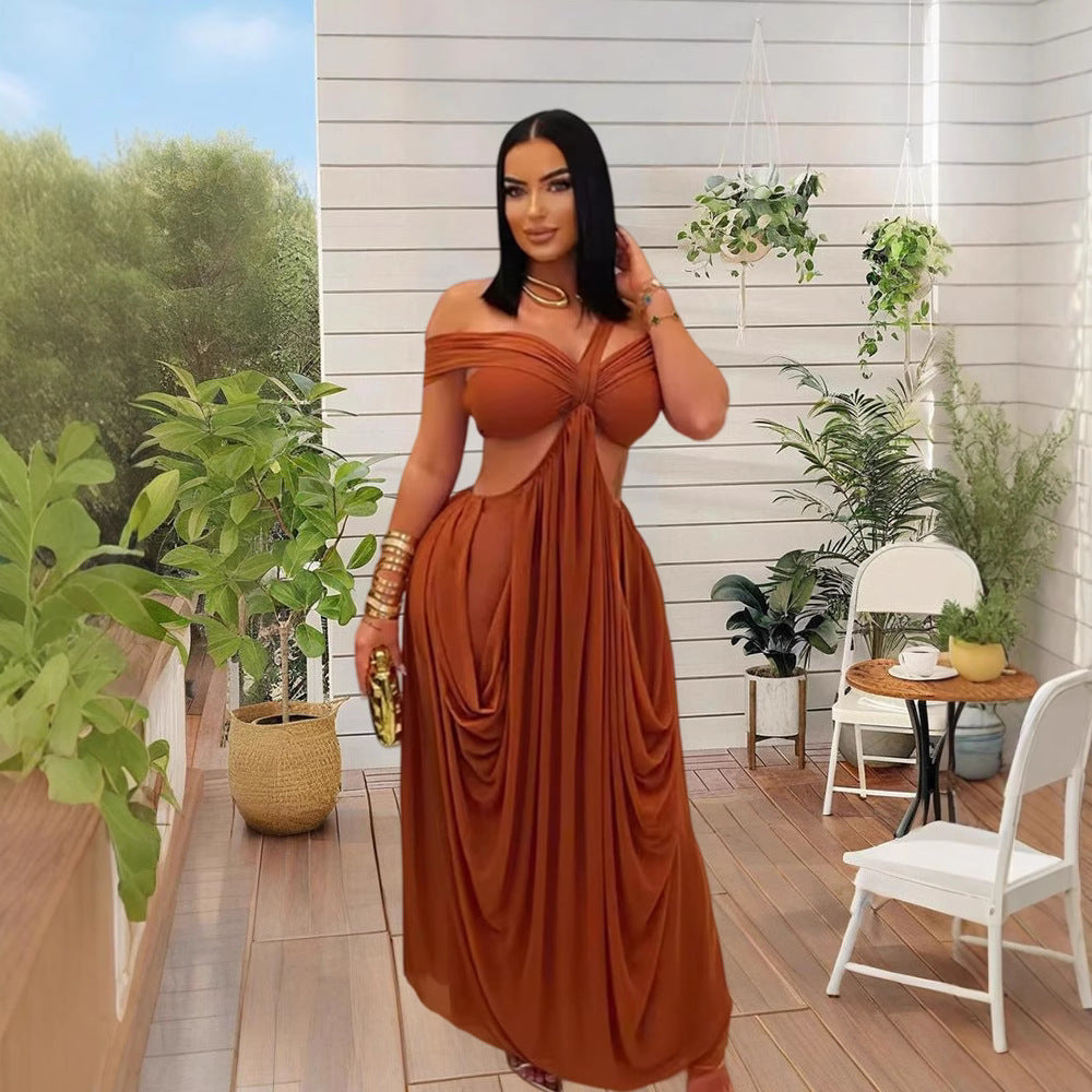Damen Elegantes Maxikleid mit asymmetrischem Schnitt und schulterfreiem Design R&B