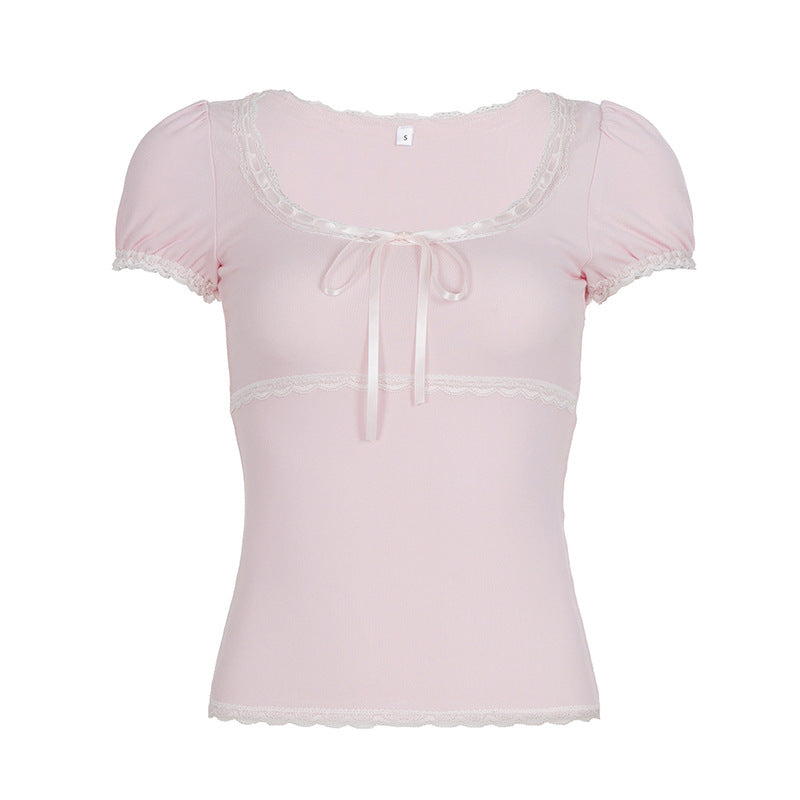 Damen Kurzarm Top mit Rüschendetails und verspieltem Kordelzug R&B