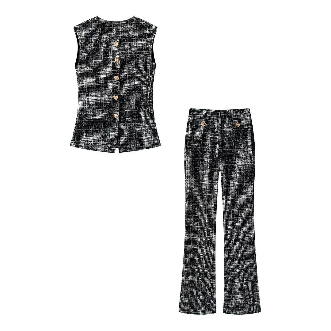 Damen elegante Karohose mit schmalem Schnitt und dekorativen Knöpfen R&B