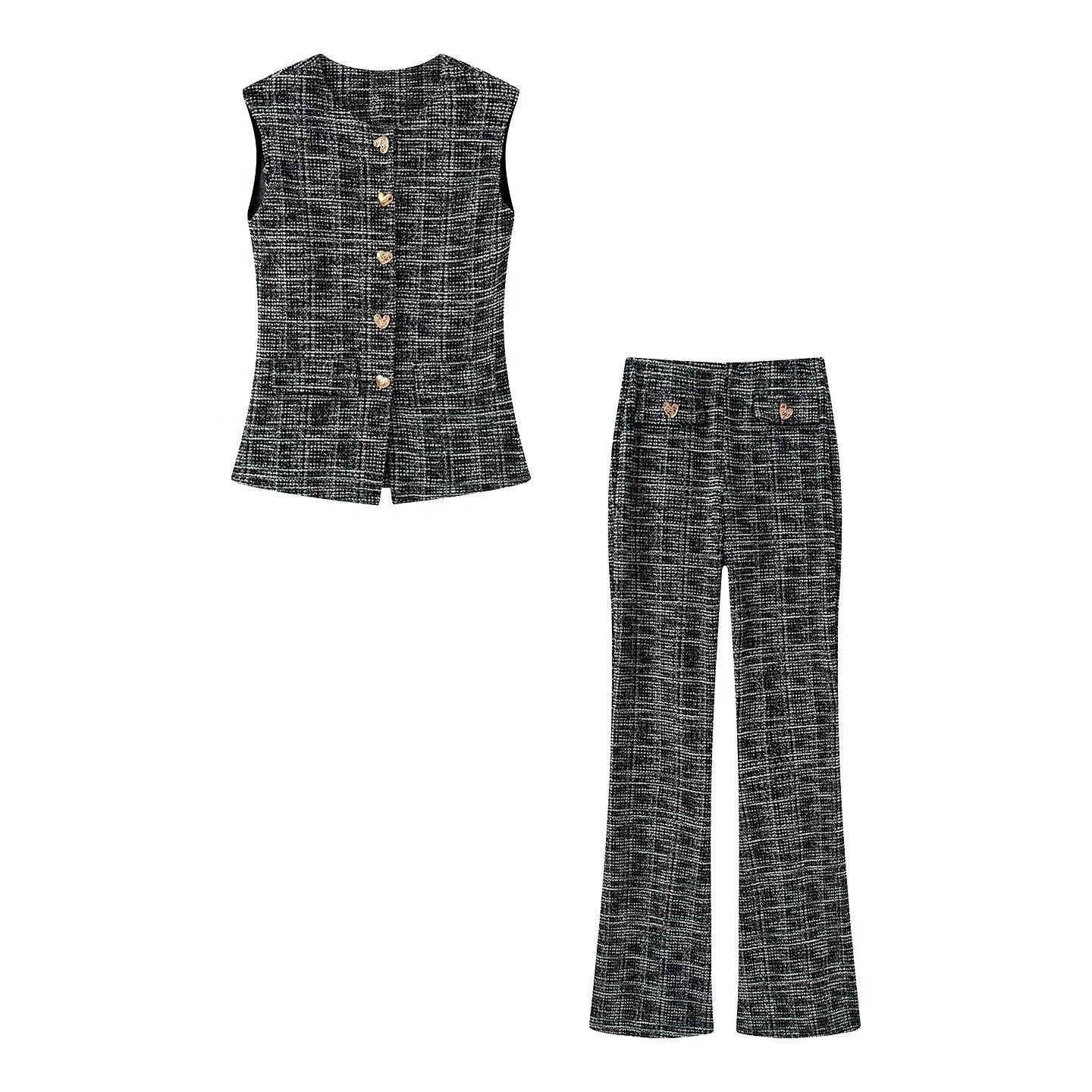 Damen elegante Karohose mit schmalem Schnitt und dekorativen Knöpfen R&B