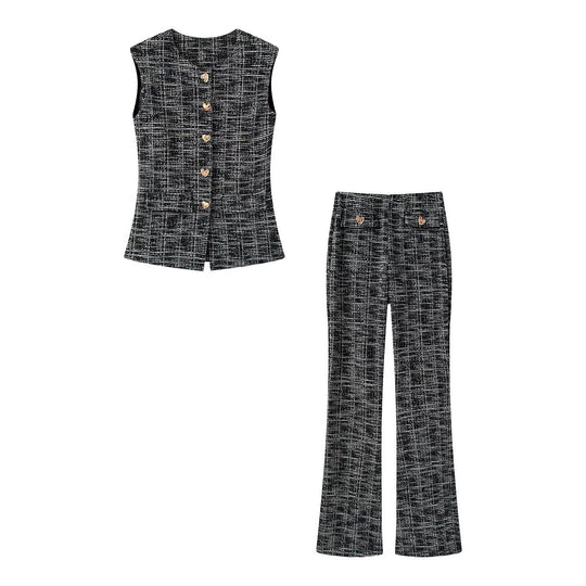 Damen elegante Karohose mit schmalem Schnitt und dekorativen Knöpfen R&B