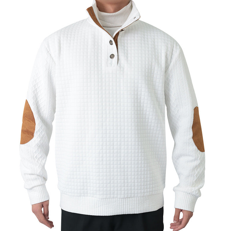 Herren nan Halbknopf-Stehkragenpullover mit Wabenstruktur und Lederbesatz R&B