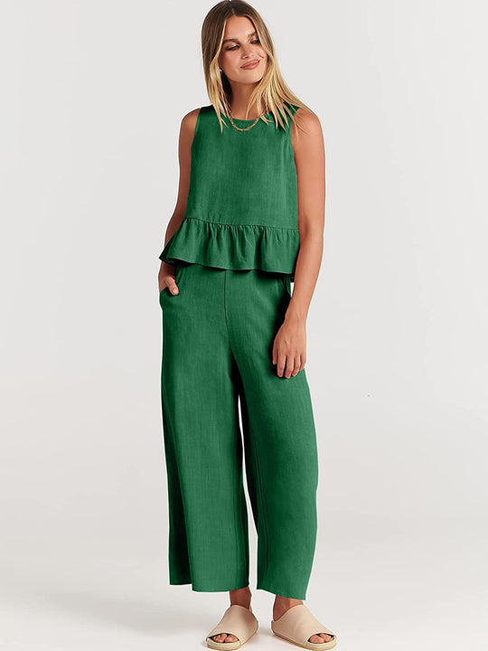 Damen Zweiteiler-Set mit schickem Peplum-Oberteil und weit geschnittenen Hosen R&B