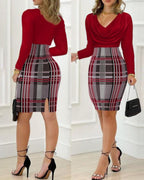 Damen Elegantes Wickelkleid mit Karomuster und tiefem V-Ausschnitt R&B