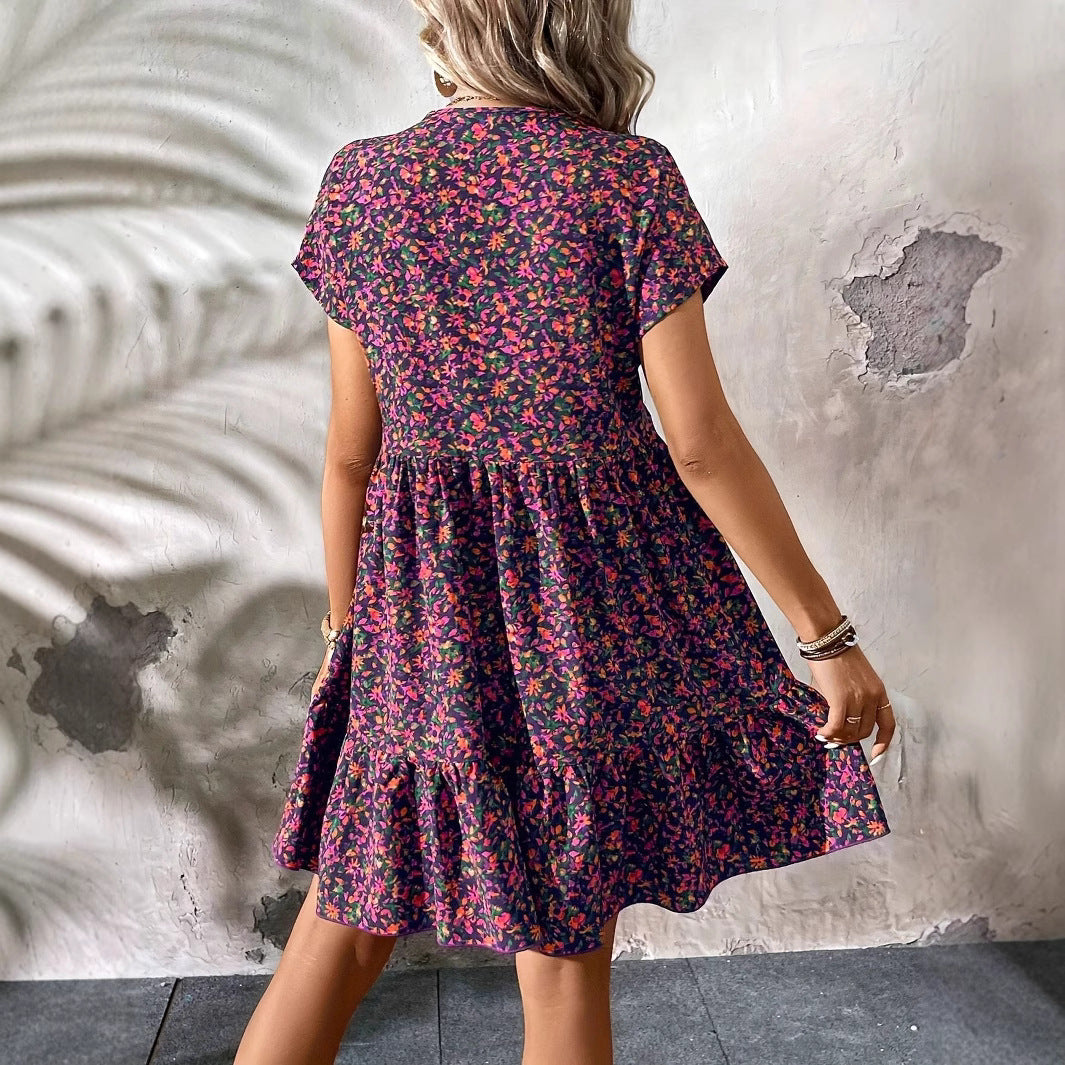 Damen Freizeitkleid mit voluminösem Rock und V-Ausschnitt R&B