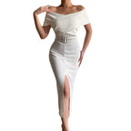Damen figurbetontes Midi-Kleid mit Off-Shoulder-Ausschnitt und seitlichem Schlitz R&B