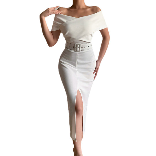 Damen figurbetontes Midi-Kleid mit Off-Shoulder-Ausschnitt und seitlichem Schlitz R&B