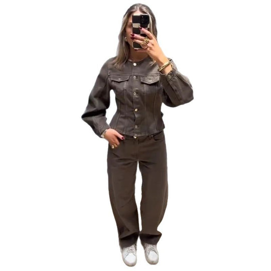 Damen Modische Jeansjacke mit Puffärmeln und dekorativen Knöpfen R&B