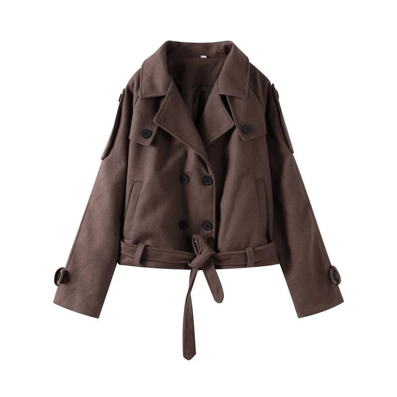 Damen elegante und vielseitige Wolljacke mit doppelter Knopfleiste und breitem Kragen R&B