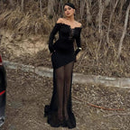 Damen figurbetontes Maxikleid mit Off-Shoulder Design und transparentem Rock R&B