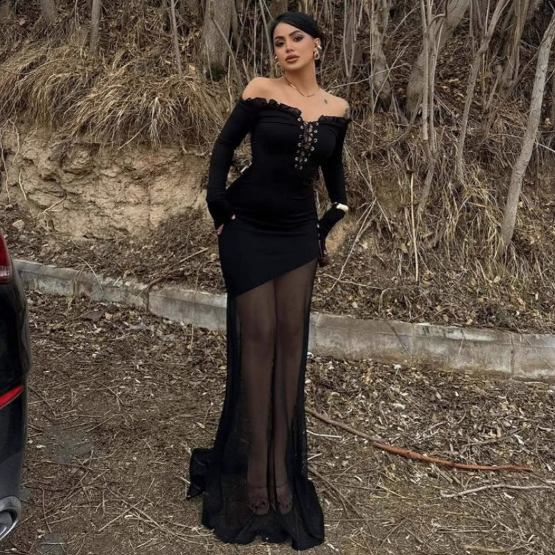 Damen figurbetontes Maxikleid mit Off-Shoulder Design und transparentem Rock R&B