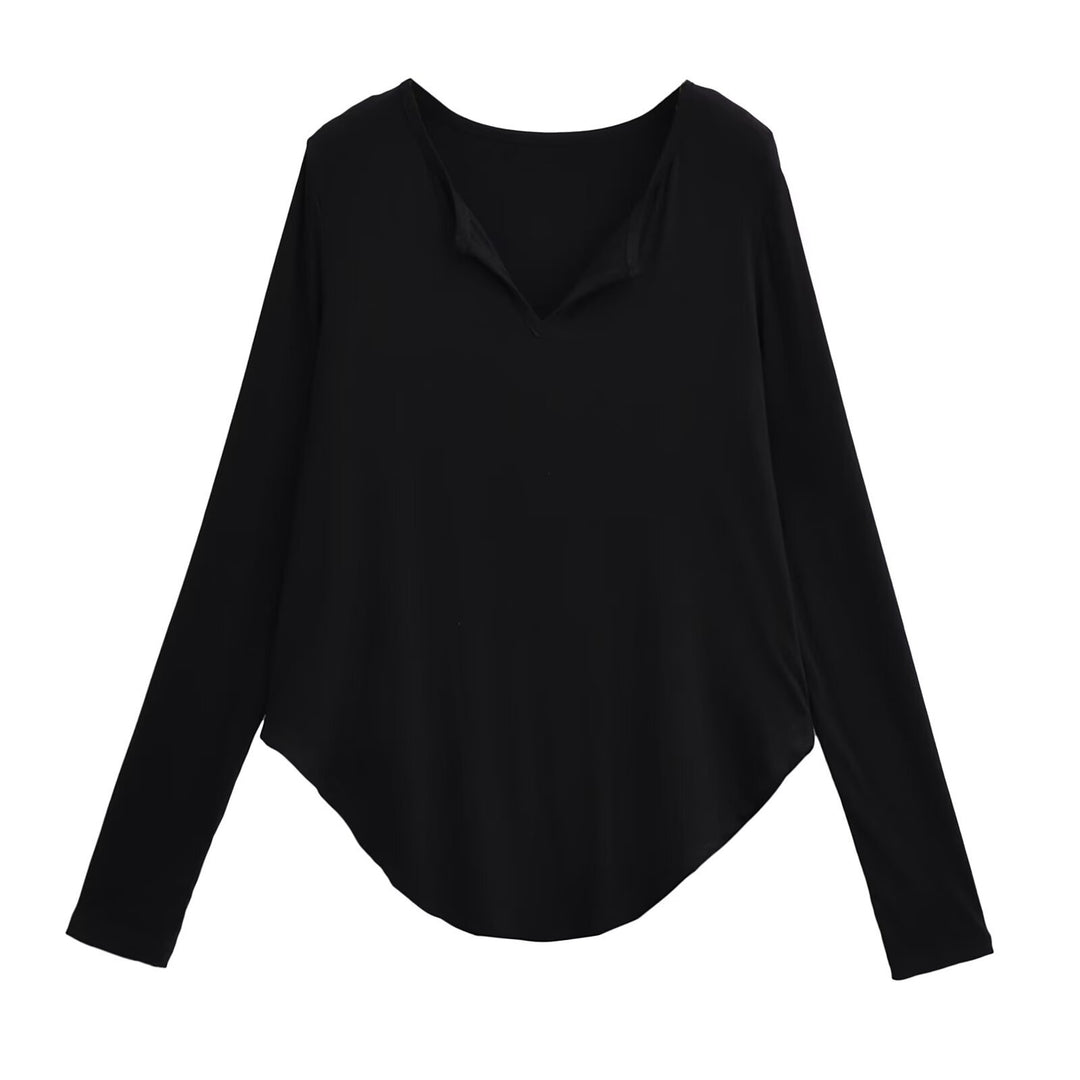 Damen lässiges Longsleeve-Oberteil mit V-Ausschnitt und geschwungenem Saum R&B