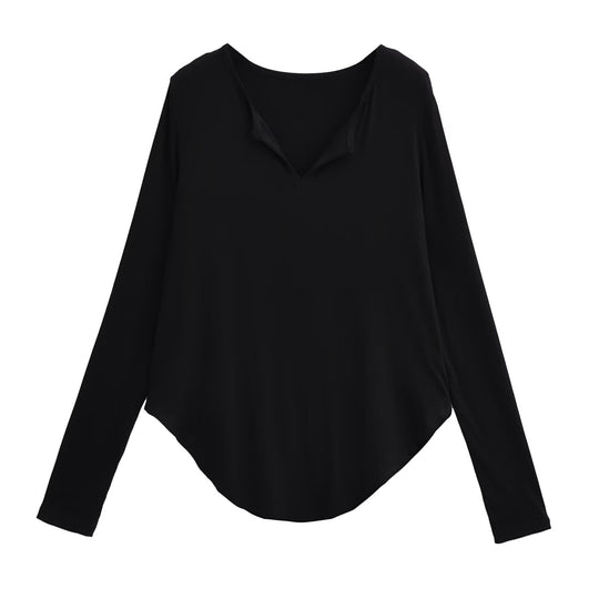 Damen lässiges Longsleeve-Oberteil mit V-Ausschnitt und geschwungenem Saum R&B