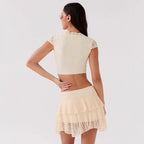 Damen Crop-Top mit raffiniertem Spitzenbesatz und verspieltem Minirock R&B