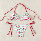 Damen Triangel-Bikini mit Krawattenverschluss und verspieltem Kirschdesign R&B
