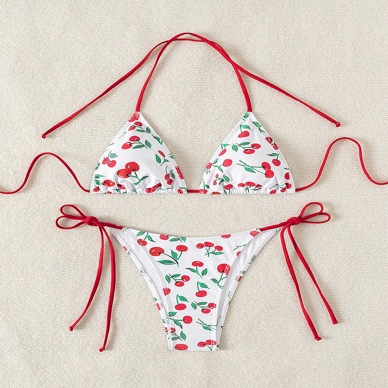 Damen Triangel-Bikini mit Krawattenverschluss und verspieltem Kirschdesign R&B