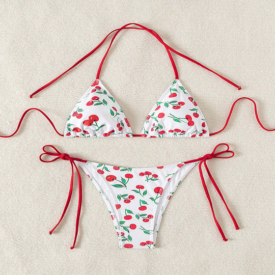 Damen Triangel-Bikini mit Krawattenverschluss und verspieltem Kirschdesign R&B