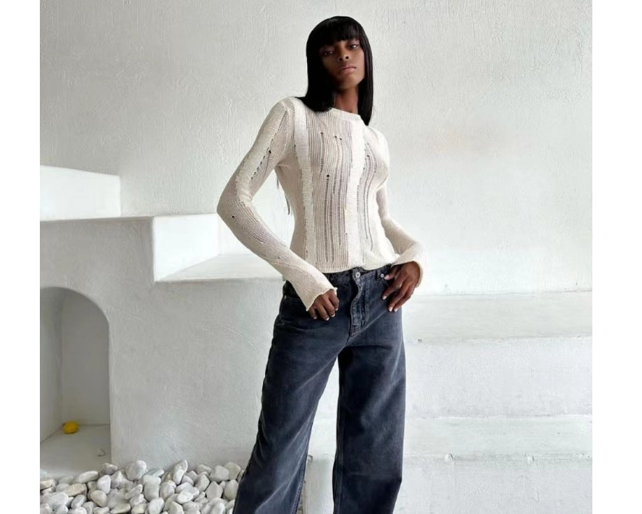 Damen modisches Strickoberteil mit elegantem Knoten und schmalen Ärmeln R&B