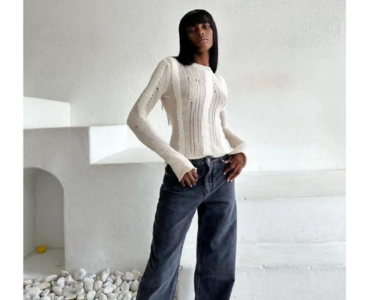 Damen modisches Strickoberteil mit elegantem Knoten und schmalen Ärmeln R&B