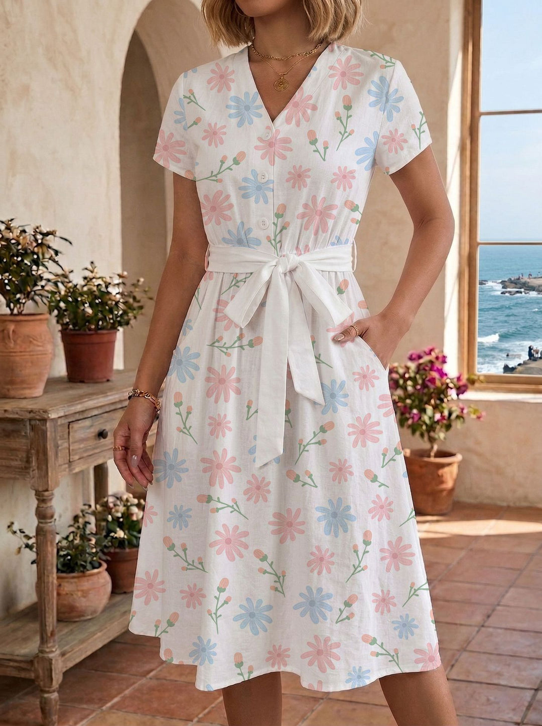 Damen lässiges Maxikleid mit taillierbarem Knoten und dekorativem Karomuster R&B