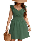 Damen lässiges Sommerkleid mit Rüschenärmel und V-Ausschnitt R&B