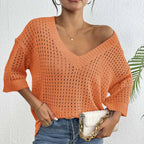 Damen luftiger Strickpullover mit V-Ausschnitt und dekorativem Lochmuster R&B