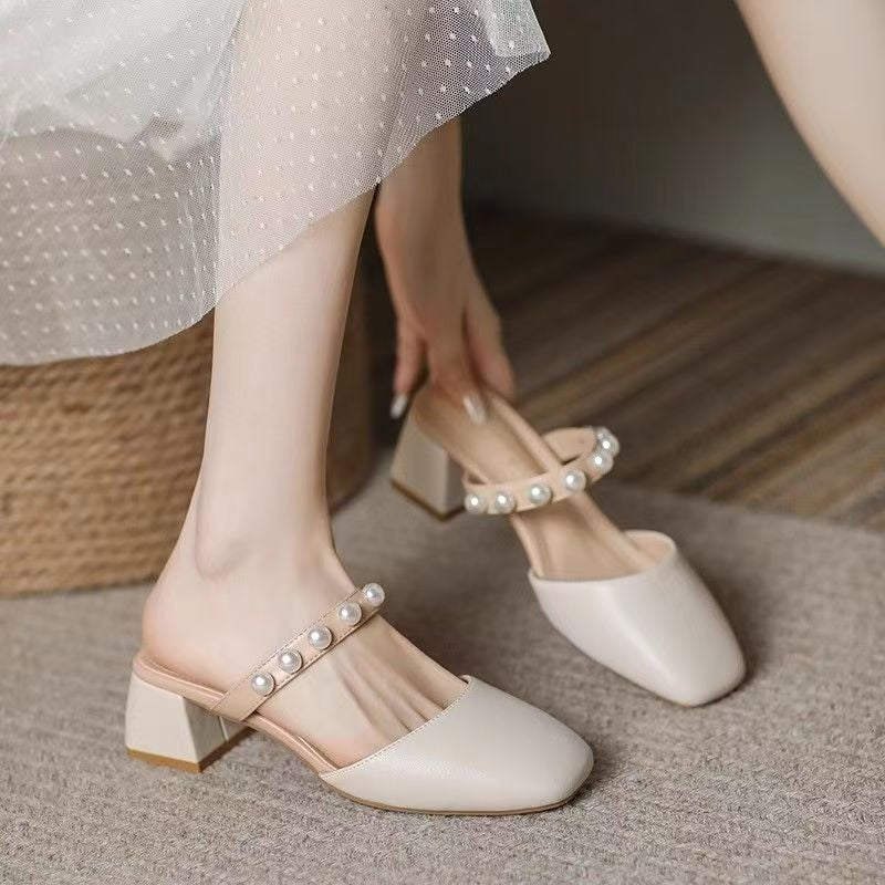 Damen Geschlossene Sandalen mit elegantem Blockabsatz und Perlenapplikationen R&B