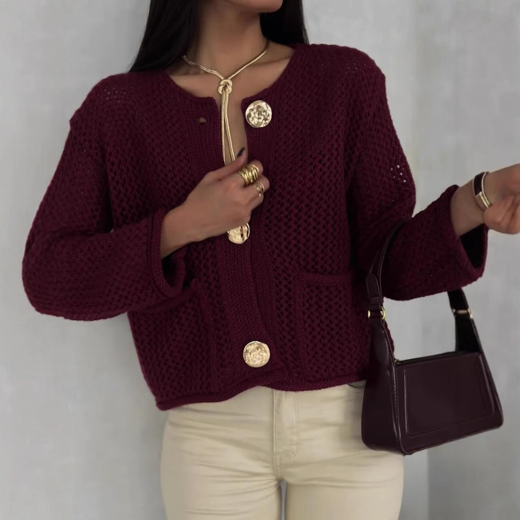 Damen luftiger Strickjacke mit dekorativem Netzdesign und praktischen Taschen R&B
