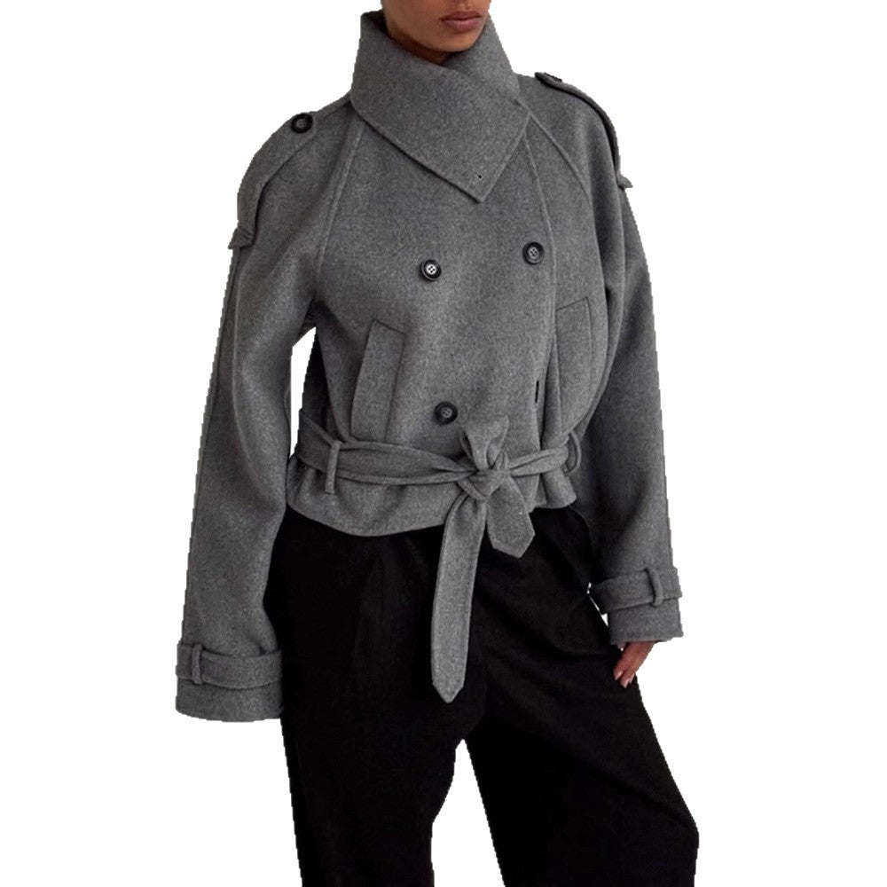 Damen modische Oversized-Wolljacke mit hohem Kragen und Gürtel R&B