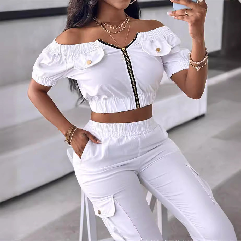 Damen Crop-Top mit Reißverschluss und modischen Taschen R&B
