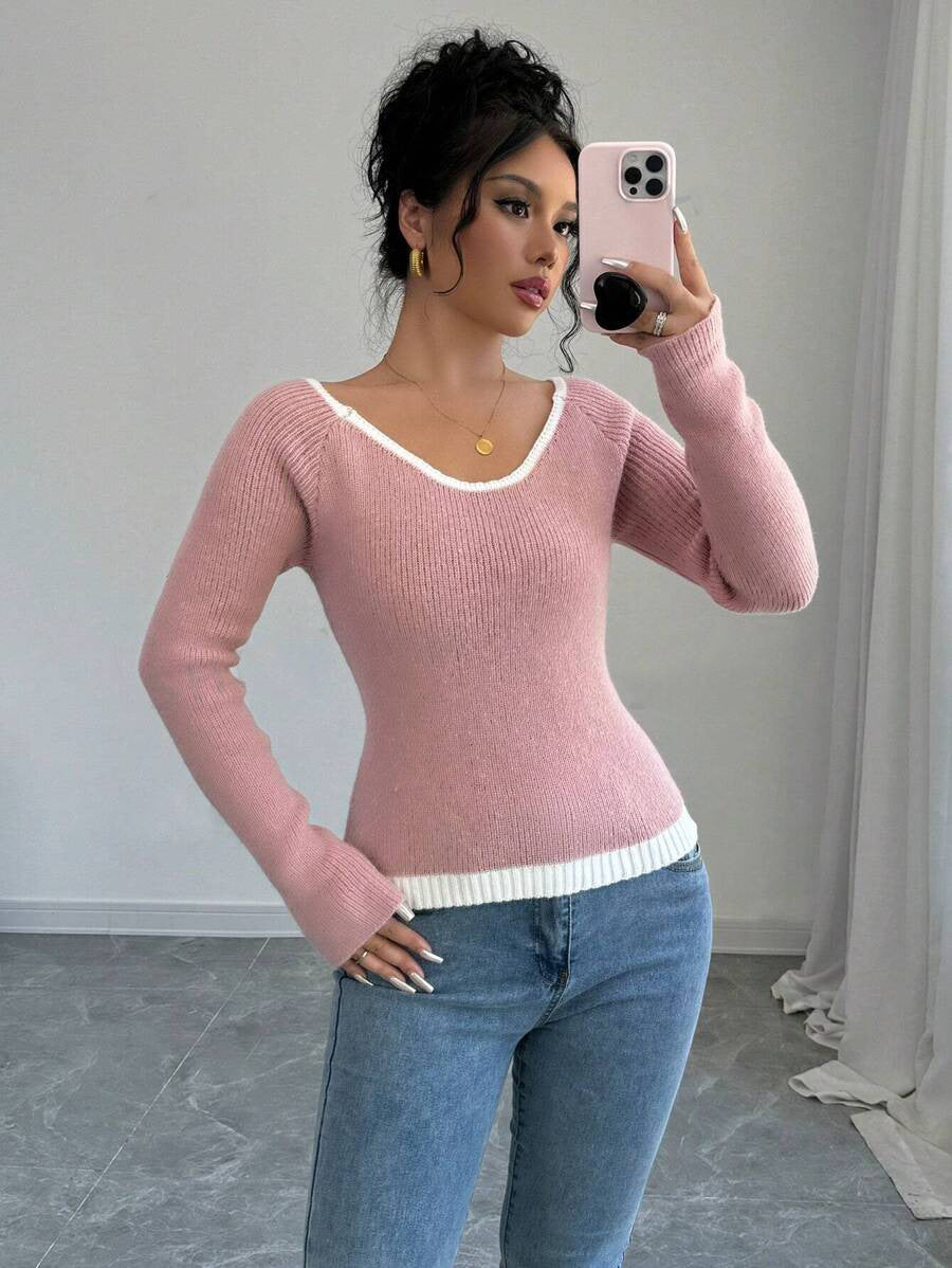 Damen modischer Pullover mit kontrastierendem Saum und tiefem V-Ausschnitt R&B