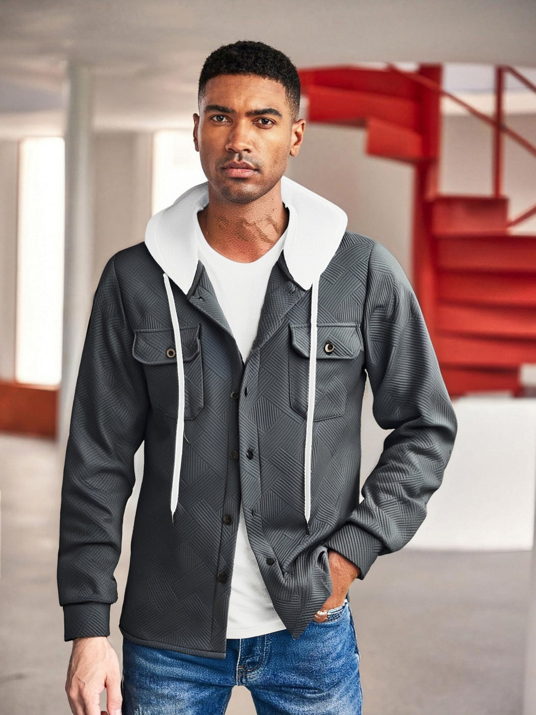 Herren modische Hybrid-Jacke mit abnehmbarer Kapuze und praktischen Taschen R&B