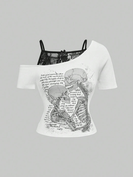 Damen Raffiniertes grafisches T-Shirt mit Spitzenunterlayer R&B