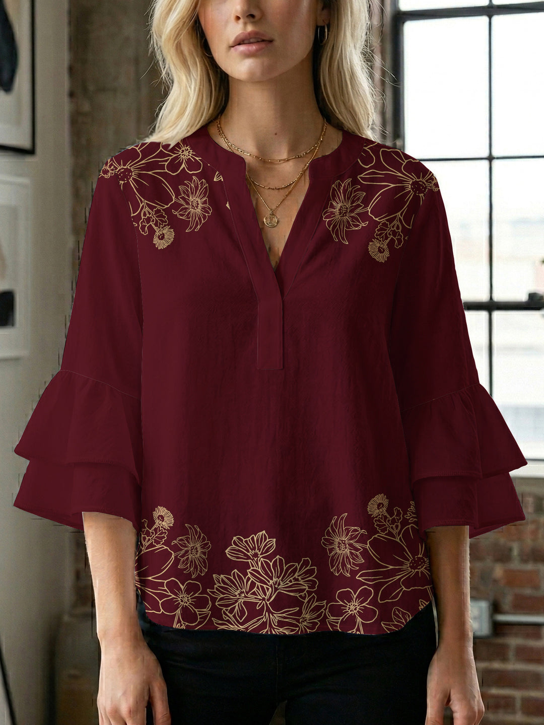 Damen Bluse mit voluminösen Rüschenärmeln und floralem Druck R&B