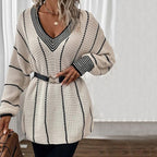 R&B | Pullover - Damen Winter Gestreifter V-Ausschnitt Strickpullover