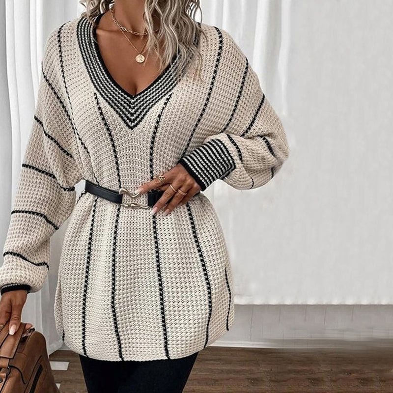 R&B | Pullover - Damen Winter Gestreifter V-Ausschnitt Strickpullover
