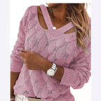 Damen lässiger Strickpullover mit V-Ausschnitt und einzigartigem Cut-out-Design R&B