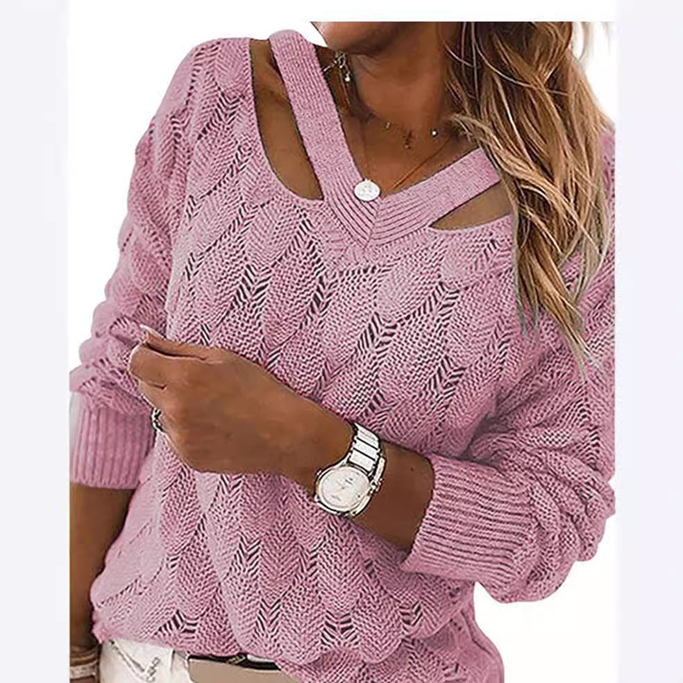 Damen lässiger Strickpullover mit V-Ausschnitt und einzigartigem Cut-out-Design R&B