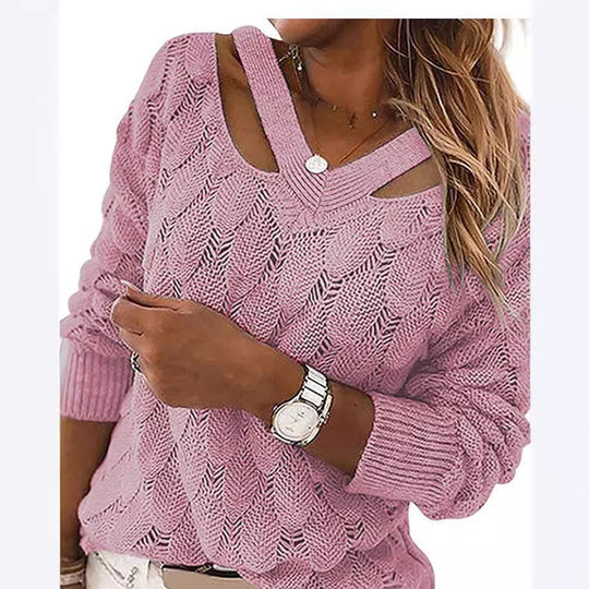 Damen lässiger Strickpullover mit V-Ausschnitt und einzigartigem Cut-out-Design R&B